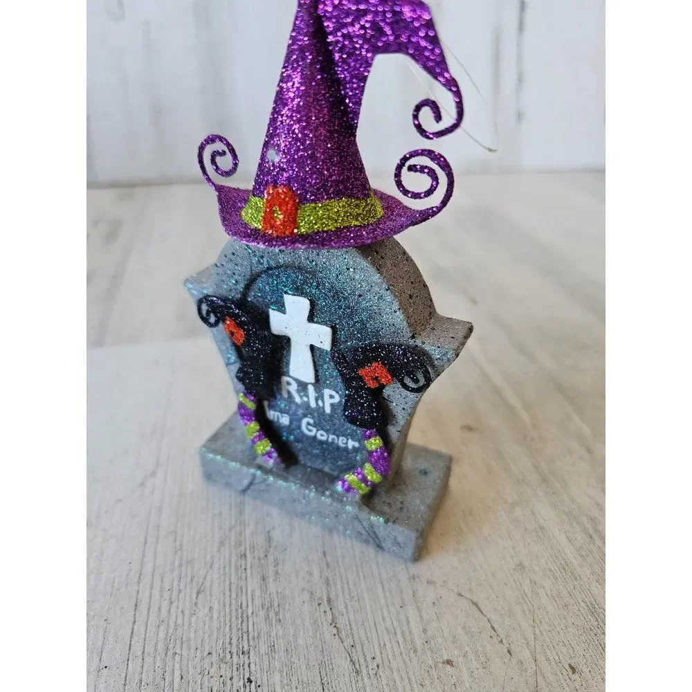 Pier 1 glitter witch tombstone ornament‎ Halloween decor rare vintage rip